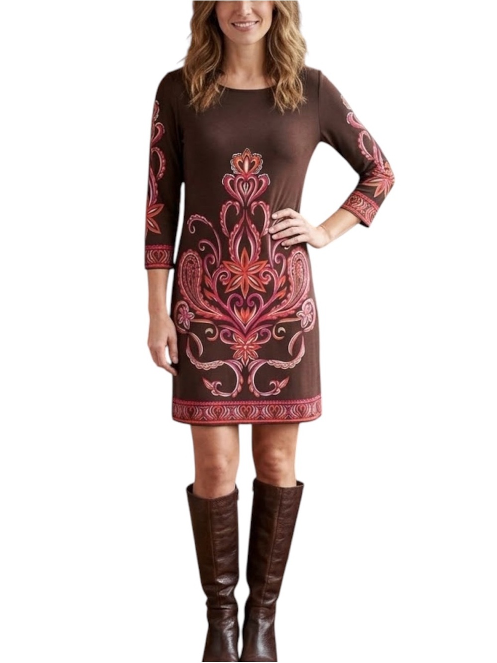 Anthropologie Boho Brown Red Printed Paisley Dress Lightweight L Fall